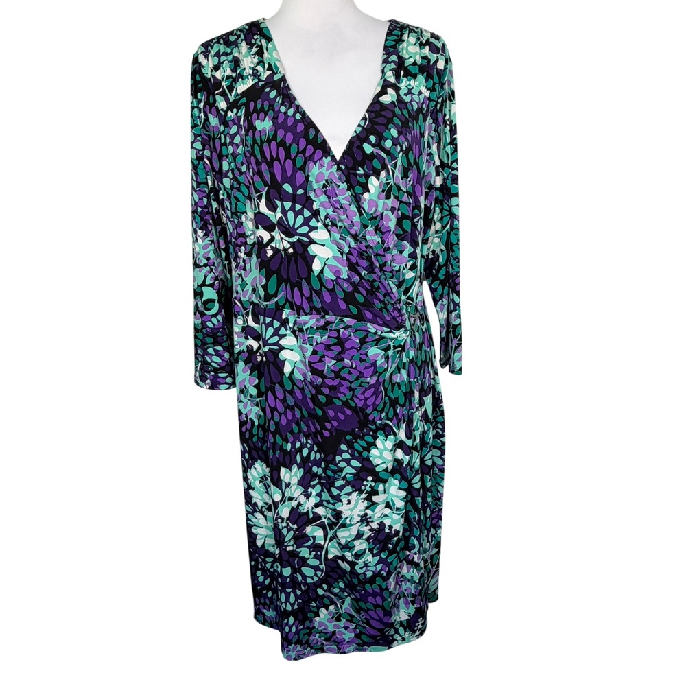 ALFANI Women's XL Purple Teal Abstract Floral V-Neck 3/4 Sleeve Faux Wrap Dress